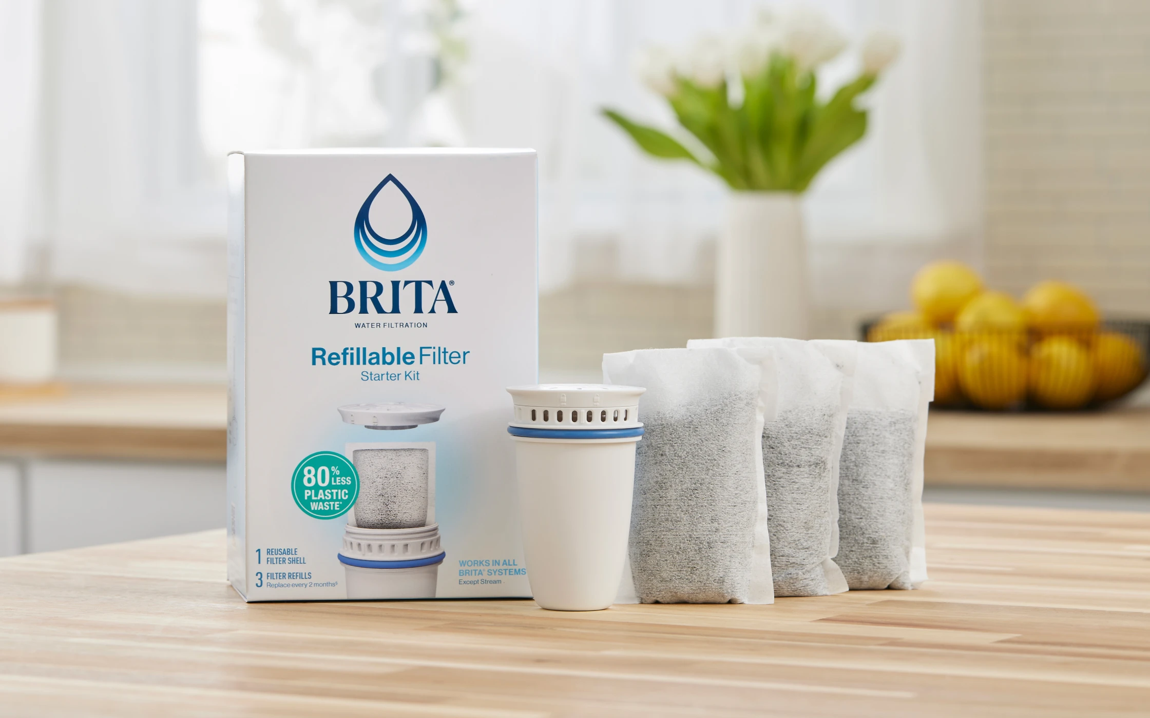 Refillable Water Filtration Starter Kit with 1 Reusable Filter Shell and 3 Filter Refills
